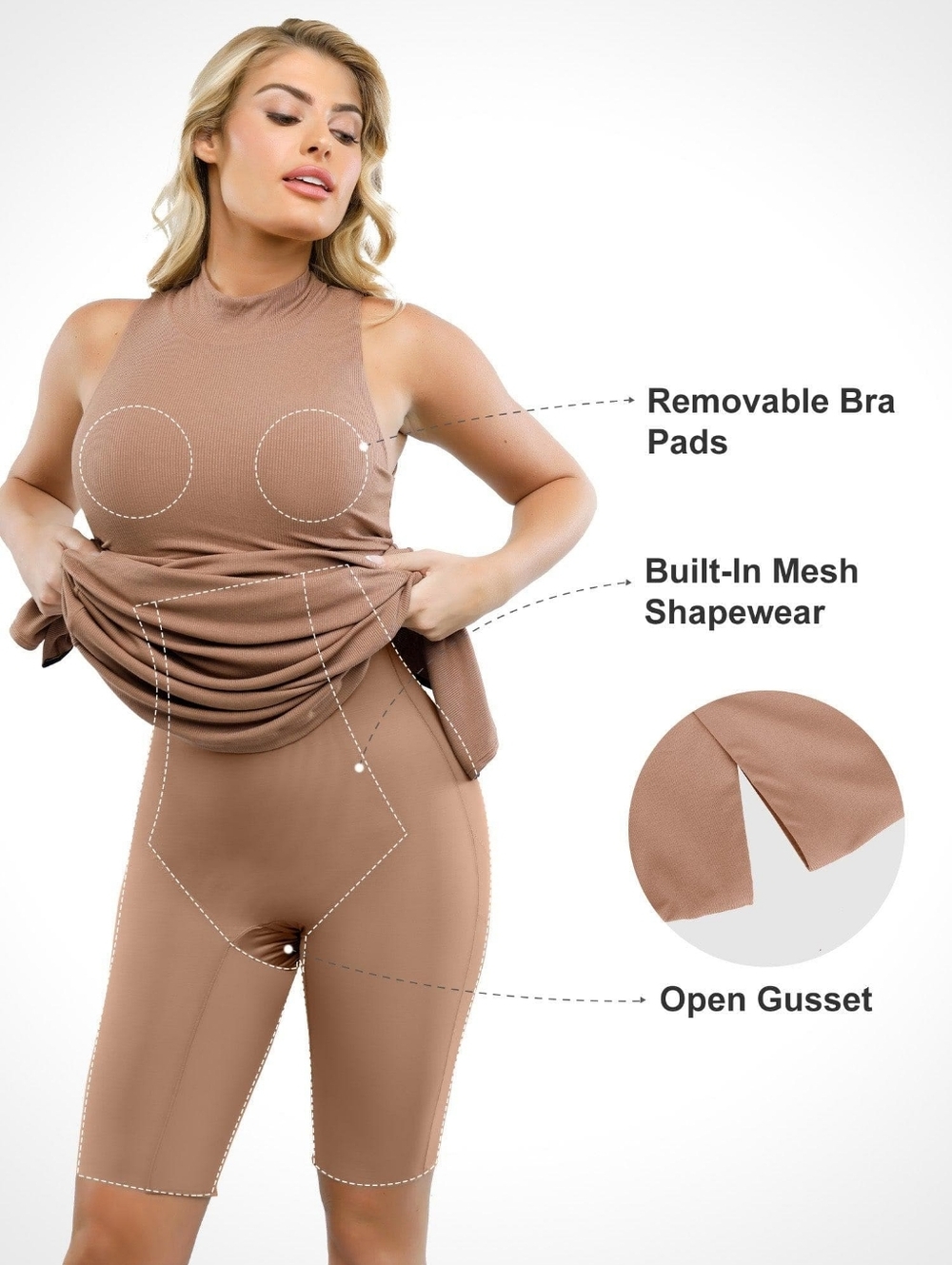 NWT Popilush Shapewear Modal Sleeveless Mock Neck Slimming Maxi Dress Brown Tan - Picture 3 of 16